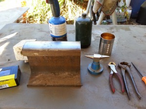 Micro-blacksmithing setup; the forge is hiding behind my anvil on the left